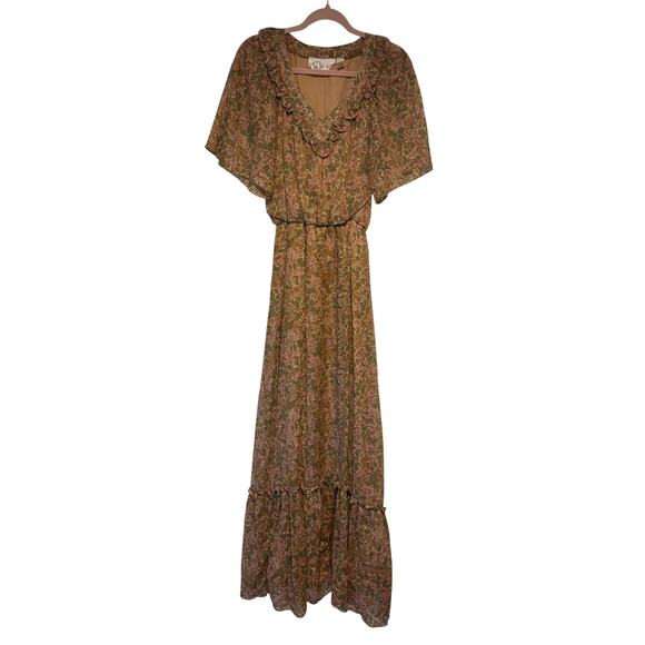 [Vintage] Roberta of California Beige Pink Floral Maxi Prairie Dress - Size S - Picture 1 of 6